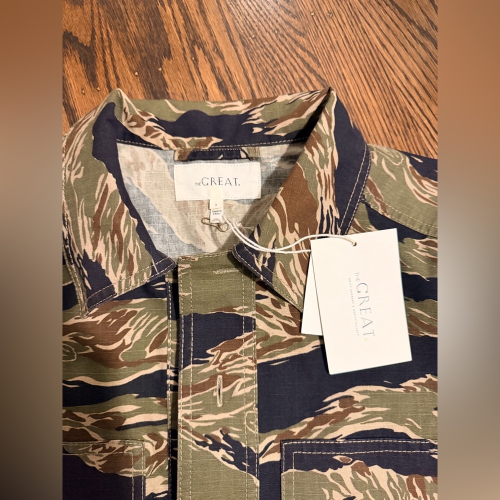 THE GREAT. Women's Tiger Stripe Utility Jacket in Olive, Black, Brown - Picture 2 of 4